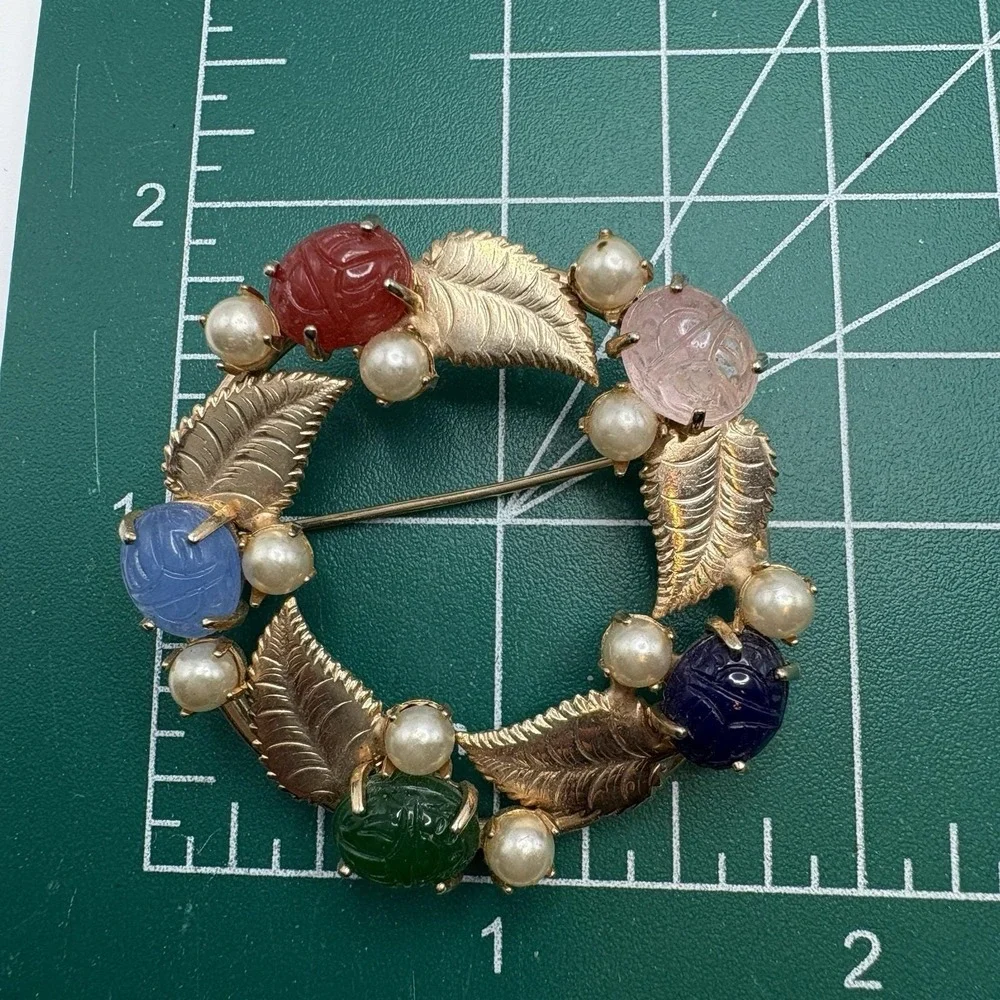 Vintage Scarab Brooch Gold Filled Carved Stone Faux Pearls Wreath